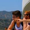 Students pointing to the Los Angeles hills